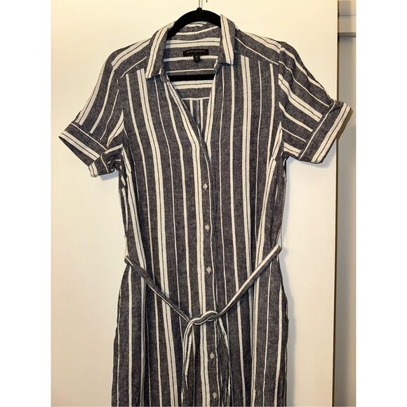 Banana Republic Blue White Stripe Linen Midi Collared Belted Dress 10 EUC - Picture 3 of 9